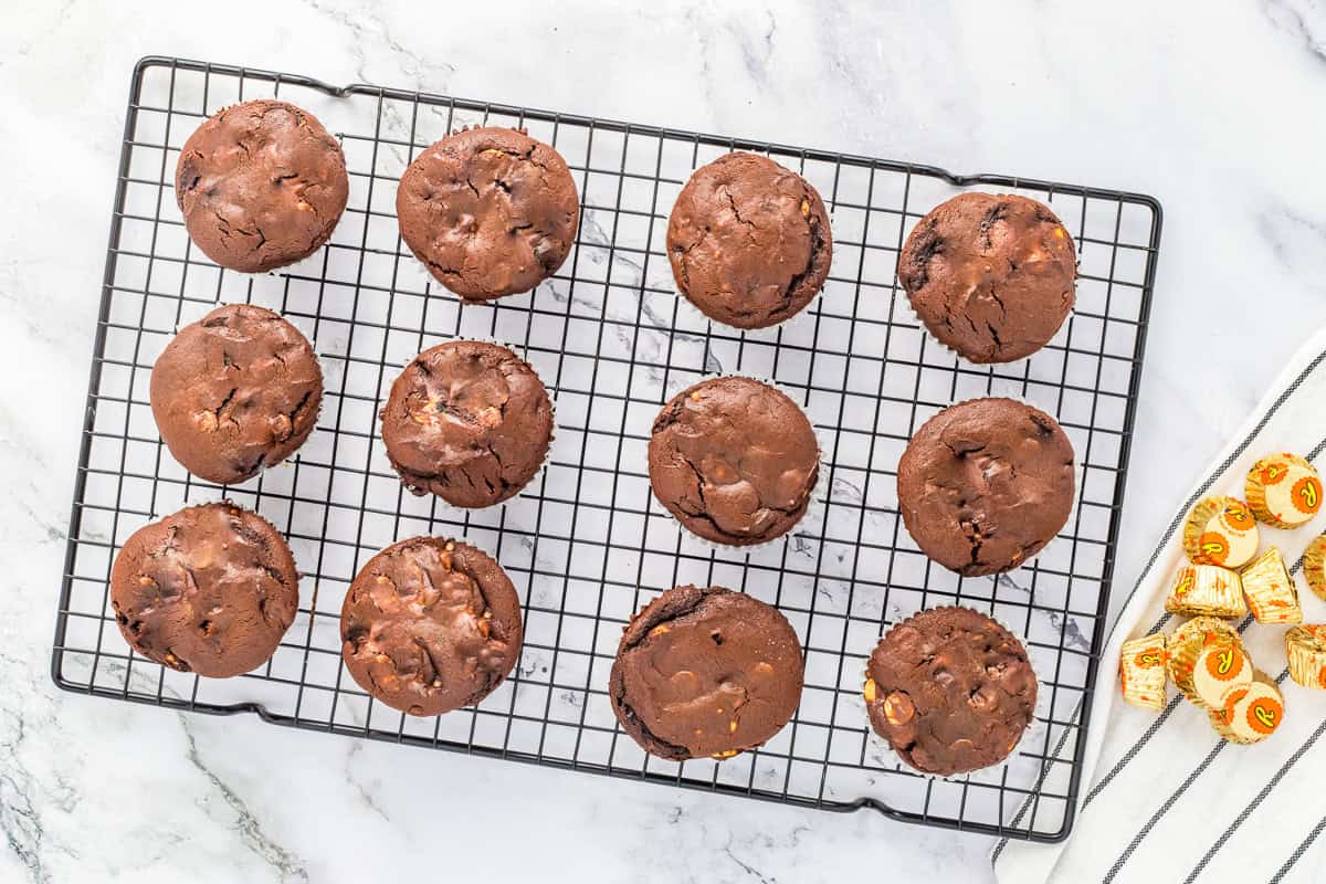 Baked Reese's chocolate cupcakes cooling on a wire rack.