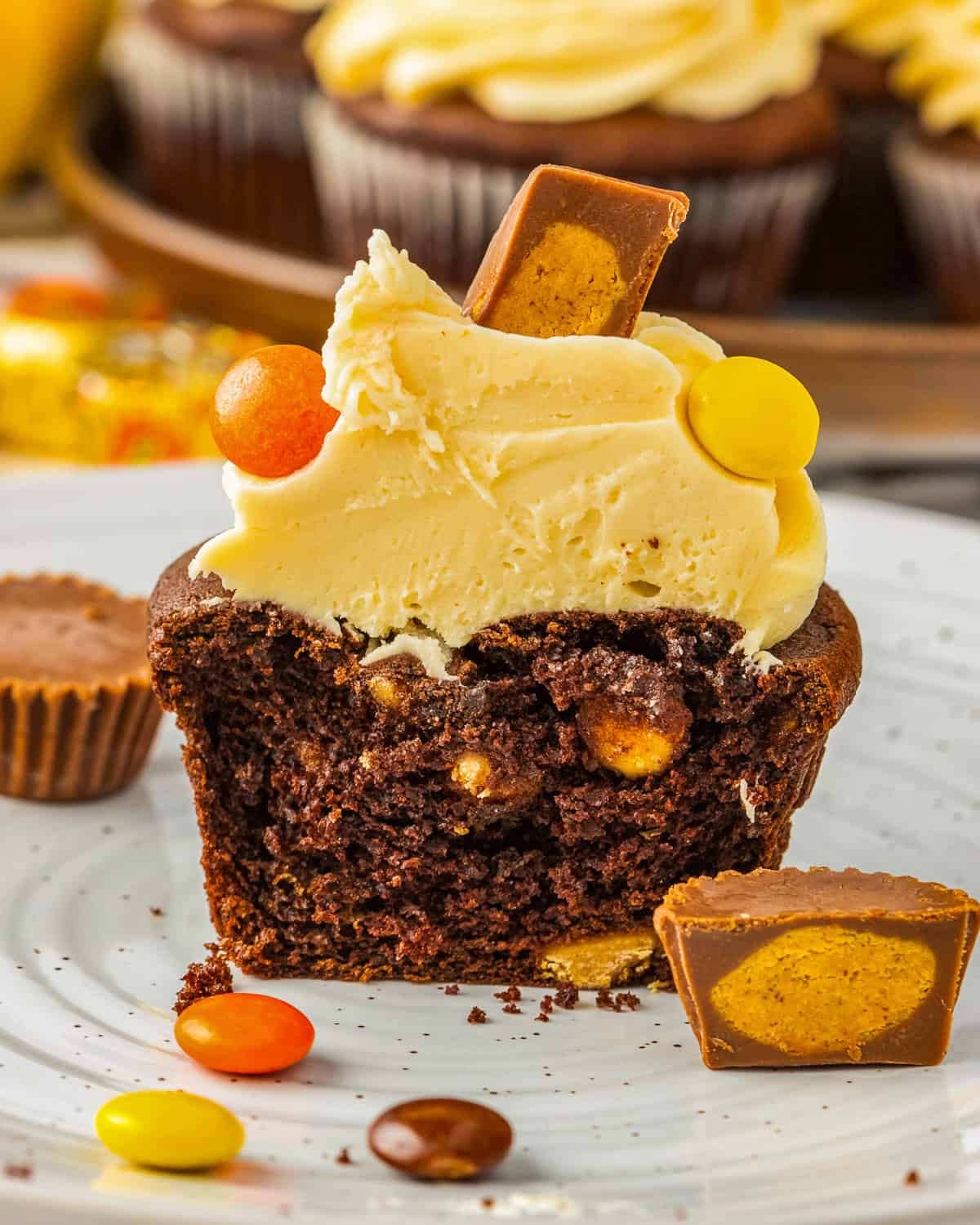Reese's peanut butter chocolate cupcake cut in half.