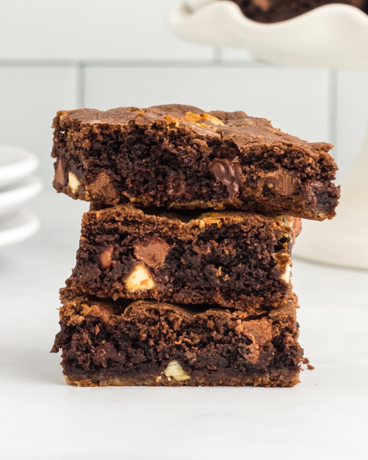 A stack of chocolate cake mix brownies.