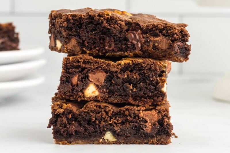 Chocolate cake mix brownies filled with chocolate chips.